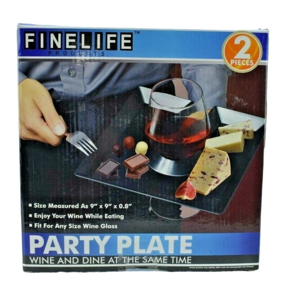 FineLife Products Party Plate 2pc Plastic Wine Glass Plate 9 x 9 inch Open Box
